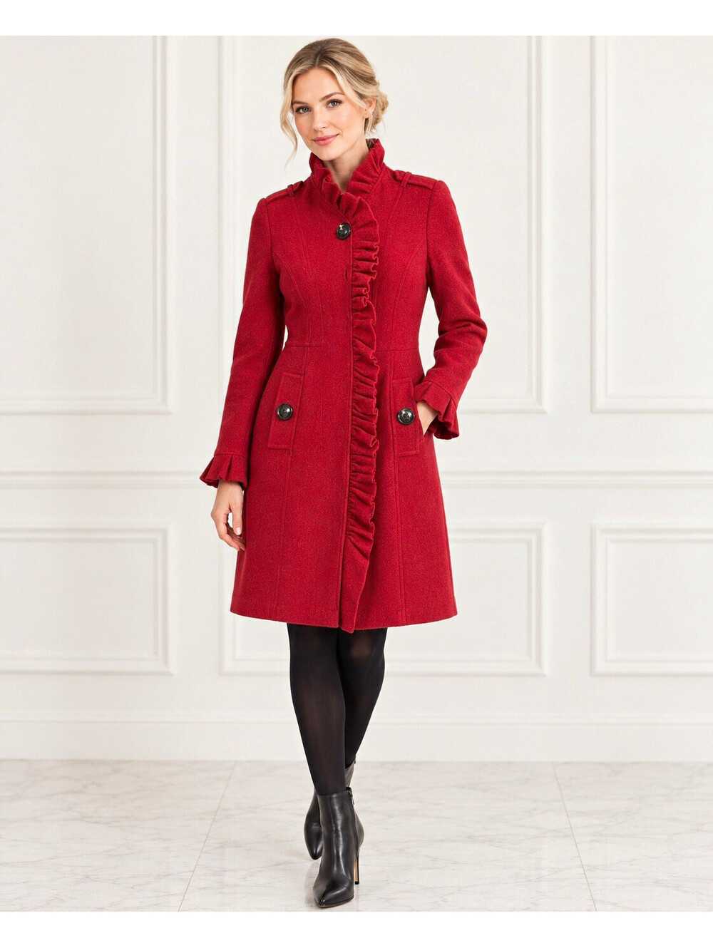 Etcetera Red 100% Merino Wool Ruffle Trench Coat Jacket XS Flawed /Repair Needed
